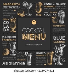 Chalk Drawing Cocktail Restaurant Menu Design With Hand Drawing Cocktails. Vector Illustration