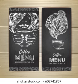 Chalk drawing. Coffee menu design. Decorative sketch of cup of coffee