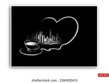 Chalk drawing coffee in New York on the blackboard with blank copy space. Cup of coffee, tea. Blank window for text. Simple chalk drawing. Drawing New York City with chalk. White chalk drawing. Vector