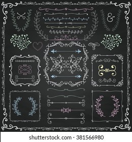 Chalk Drawing Colorful Hand Drawn Sketched Decorative Doodle Design Elements. Frames, Text Frames, Dividers, Floral Branches, Borders, Brackets On Chalkboard Texture. Vector Illustration