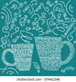 Chalk drawing cups with steam and wording "tea" in European languages