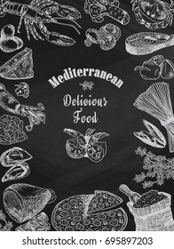 Chalk drawing delicious mediterranean food, broccoli, calamari, cheese, crab, eggs, fish, flour, garlic, lettuce, lobster, mushroom, mussels, pepper, pizza, prawn, shell, shrimp, spaghetti, squid
