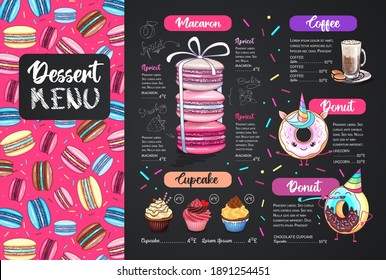 Diseño del menú de postres de dibujo de alk con macarons franceses dulces
