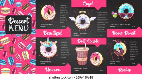 Chalk drawing dessert menu design with sweet french macaroons and donuts