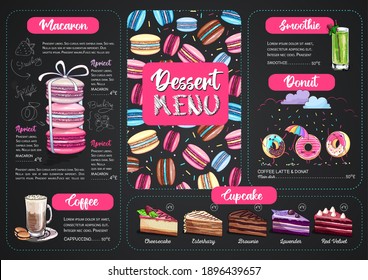 Chalk drawing dessert menu design with sweet french macaroons and cakes