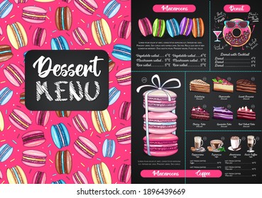 Chalk drawing dessert menu design with sweet french macaroons and cakes