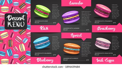 Chalk-Zeichnen-Dessertmenü-Design mit süßen französischen Macaros