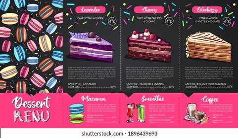 Chalk drawing dessert menu design with sweet french macaroons and cakes