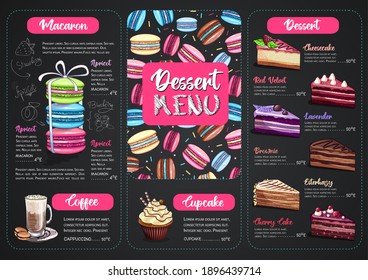 Chalk drawing dessert menu design with sweet french macaroons and cakes