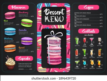 Chalk drawing dessert menu design with sweet french macaroons and cocktails