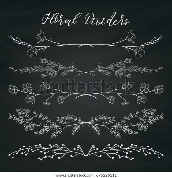 Chalk Drawing Doodle\
Dividers, Line Borders with Branches, Herbs, Plants and Flowers on\
Chalkboard Texture. Decorative Outlined Vector Illustration. Floral\
Dividers