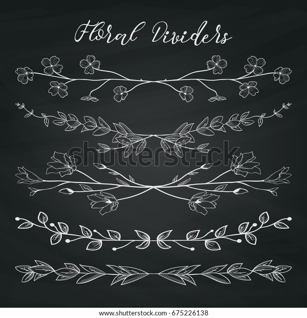 Chalk Drawing Doodle\
Dividers, Line Borders with Branches, Herbs, Plants and Flowers on\
Chalkboard Texture. Decorative Outlined Vector Illustration. Floral\
Dividers
