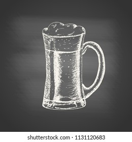 Chalk drawing of a glass mug with beer and beer foam overflowing over the edge on chalkboard. Hand drawn sketch in vintage engraving style. Light Alcohol Drink. Vector illustration for Oktoberfest