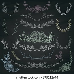 Chalk Drawing Hand Drawn Herbs, Plants and Flowers, Florals. Decorative Branches, Laurels on Chalkboard Texture.Vector Illustration