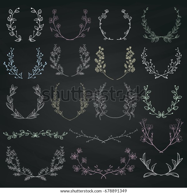 Chalk Drawing Hand Drawn\
Herbs, Plants and Flowers, Florals. Decorative Outlined Branches,\
Laurels, Brackets on Chalkboard Background Texture.Vector\
Illustration