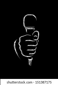 chalk drawing of a hand with a microphone on a black background