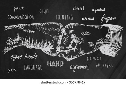 chalk drawing Hands held together. Fist agreement. Friendship on the chalkboard background