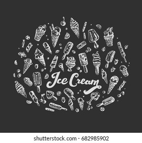 Chalk drawing Ice Cream lettering and set of icecream, fruits, candies, chocolate bar, mint leaves. Hand drawn sketch. Summer food Vector illustration.