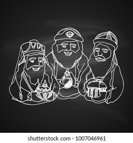 Chalk Drawing Illustration for Merry Christmas and Happy New Year Print Design. Three King. Three Wise Men with Gifts