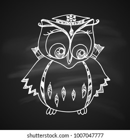 Chalk Drawing Illustration for Merry Christmas and Happy New Year Print Design. Cartoon Character Owl