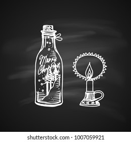 Chalk Drawing Illustration for Merry Christmas and Happy New Year Print Design. Glass Jar with Candle