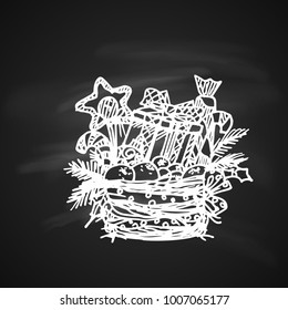 Chalk Drawing Illustration for Merry Christmas and Happy New Year Print Design. Wicker Basket with Gifts