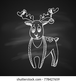 Chalk Drawing Illustration for Merry Christmas and Happy New Year Print Design. Reindeer Character