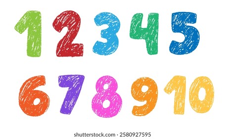 Chalk drawing kids pencil textured numbers. Hand drawn scribble kid typescript numbers. School wax crayon numbers cute kindergarten handwriting. Freehand pastel childish hand drawn set. 