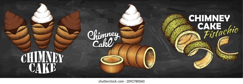 Logo del dibujo de la caminata conjunto de pastel de chimenea con chocolate, pistacho, helado, crema batida aislada en la pizarra. Esbozar el menú trdelnik dibujado a mano. Comida callejera checa con horneado dulce, ilustración vectorial.