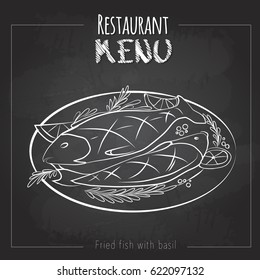 Chalk drawing menu design. Fish menu. Fried fish with basil