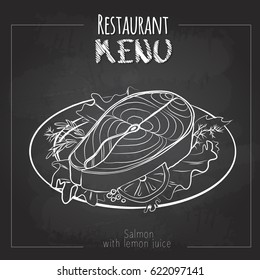Chalk drawing menu design. Fish menu. Salmon with lemon