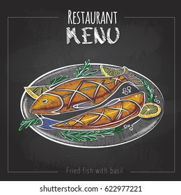 Chalk drawing menu design. Fish menu. Fried fish with basil