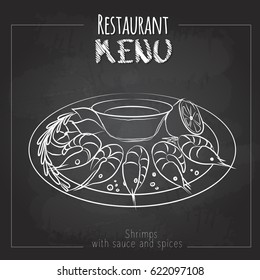 Chalk drawing menu design. Seafood menu. Shrimps  with sauce