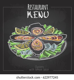 Chalk drawing menu design. Seafood menu. Oysters with lemon