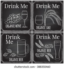 Chalk drawing on a blackboard. Logo, branding, logotype, badge with grapes, leaf and glass of wine, hops and a glass of beer, rice plant and a glass of sake.  Vector illustration.