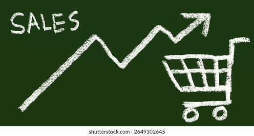 Chalk drawing on green board showing sales growth graph with upward arrow and shopping cart symbol. Business success, marketing, e-commerce, online store, revenue increase concept.