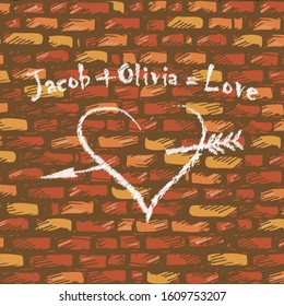 Chalk drawing on an old brick wall - Jacob plus Olivia is equal to Love, and below is an image of a heart pierced by an arrow. Vector illustration