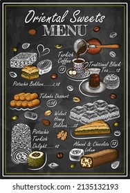 Chalk drawing Oriental Sweets menu on blackboard. Line art Turkish coffee, black tea, pistachio baklava, almond, chocolate Turkish delight, baked dessert. Arabian food and drink. Vector illustration.