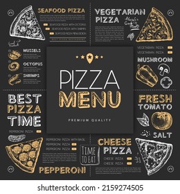 Chalk drawing pizza restaurant menu design with hand drawing elements. Vector illustration