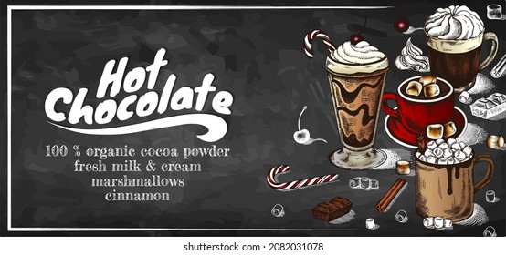 Chalk drawing poster of Hot Chocolate with marshmallows, cinnamon stick, candy cane isolated on blackboard. Sketch hand drawn hot cocoa on chalkboard. winter drinks, Christmas menu. Vector illustration