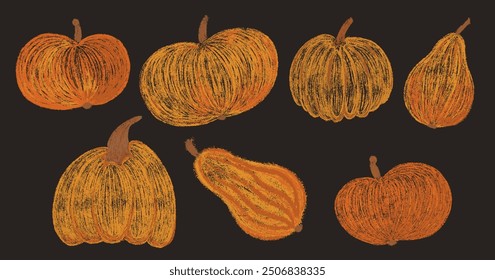 Chalk drawing pumpkins collection. Set of pencil hand drawn textured autumn pumpkin. Orange fall Halloween or Thanksgiving crayon freehand elements. Isolated vector illustration 