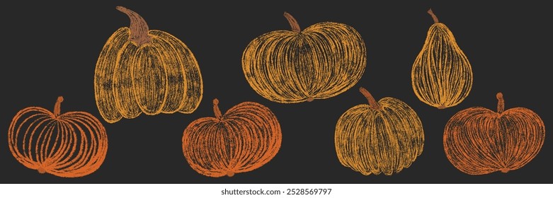 Kreide Zeichnung Kürbisse Sammlung. Satz von Bleistift handgezeichnet strukturierten Herbst Kürbis. Orange Herbst Halloween oder Thanksgiving Stift Freihand Elemente. Isolierte Vektorgrafik