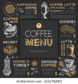 Chalk drawing restaurant coffee menu design with hand drawing coffee elements. Vector illustration