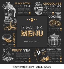 Chalk drawing restaurant royal tea menu design with hand drawing tea elements. Vector illustration