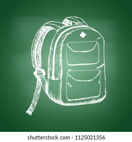 Chalk drawing of a school backpack on a green school board. Back to school concept. Design element for flyer or banner. Hand drawn sketch. Vector illustration