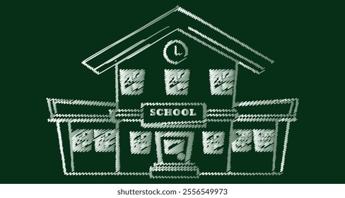 chalk drawing of a school in contour lines style, vector illustration, white background.