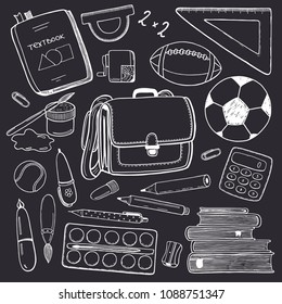 Chalk drawing school stationary hand drawn elements on blackboard background. backpack bag, pens, pencils, eraser, sharpener, football, etc. Retro style sketch. For graduation, back to school design.
