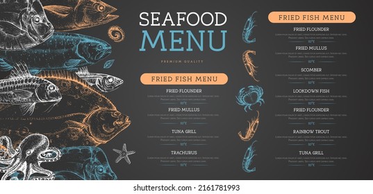 Chalk drawing Seafood menu design with different kinds of fish. Vector illustration