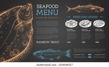 Chalk drawing seafood restaurant menu design with hand drawing fish. Vector illustration