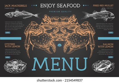 Chalk drawing seafood restaurant menu design with hand drawing fish. Vector illustration